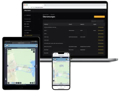 Interaktive Karte und Admin Oberfläche davon der IMap Webanwendung von WebCraft e.U. dargestellt auf einem Laptop, einem Tablet sowie auf einem Smartphone