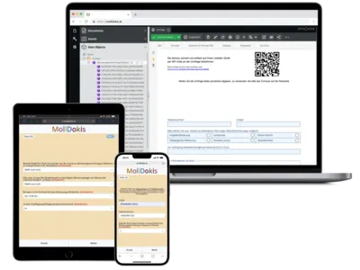 Molldokis Umfrage angezeigt auf einem Tablet und einem Smartphone sowie die Admin Oberfläche mit ausdruckbaren Formularen und QR Code